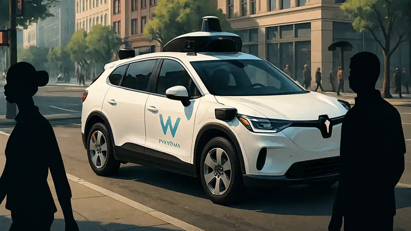 Роботакси Waymo на городской улице, демонстрирующее автономные технологии и инновации.