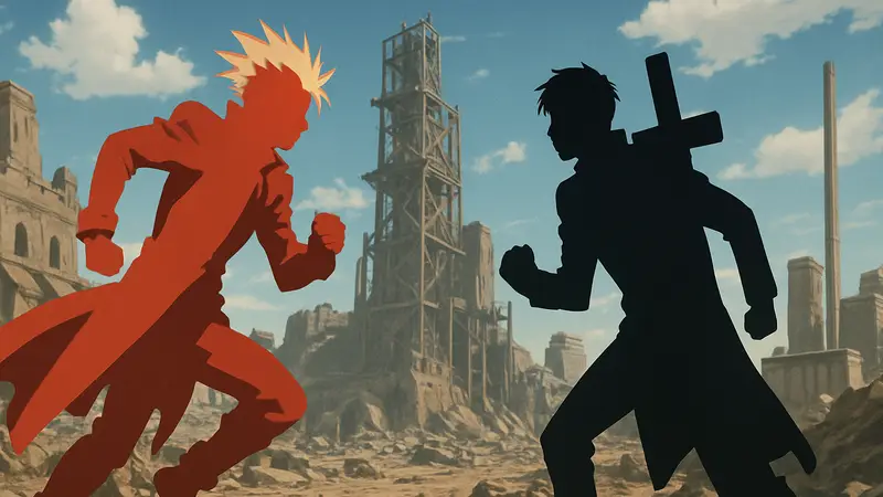 Кадр из аниме Trigun Stargaze с Вашем и Вульфвудом во время побега.