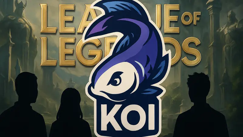 Логотип киберспортивной команды Movistar KOI на фоне символики League of Legends.