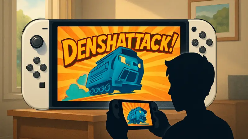 Логотип игры Denshattack! на фоне Nintendo Switch 2