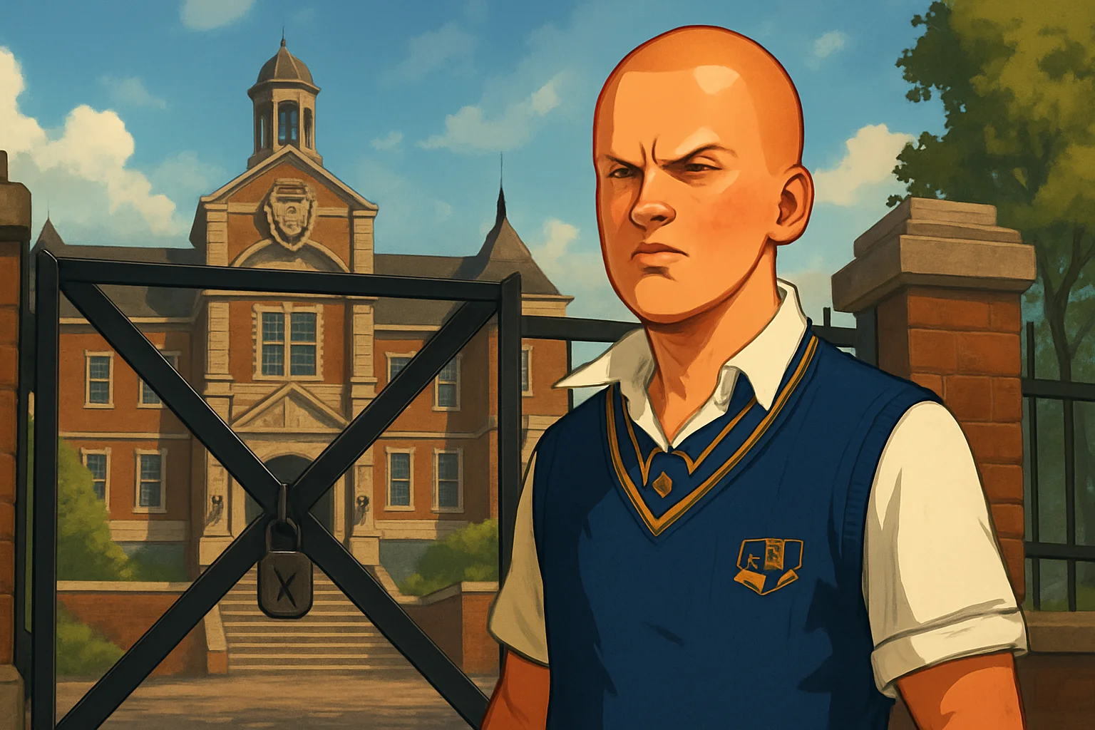 Главный герой игры Bully, Джеймс Хопкинс, на фоне академии Булворт, символизирующий закрытие фанатского мода Bully Online из-за юридических претензий.