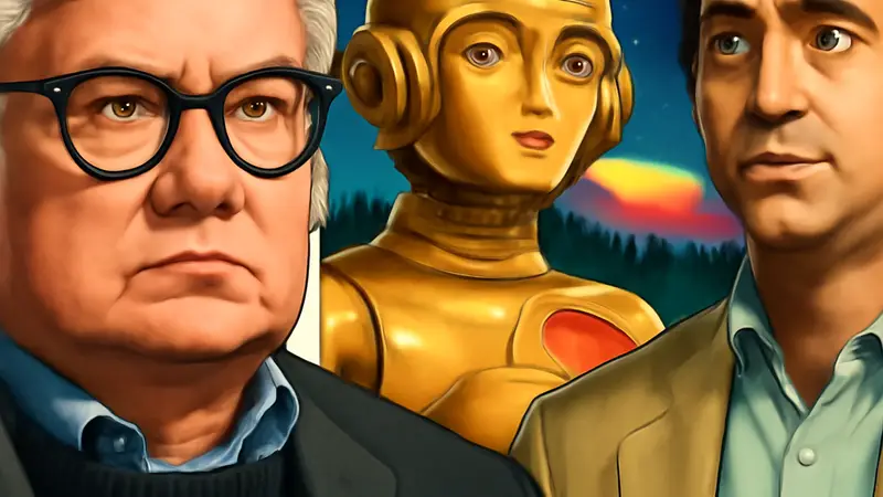 Роджер Эберт и Энди Кауфман на фоне афиши фильма "Heartbeeps".