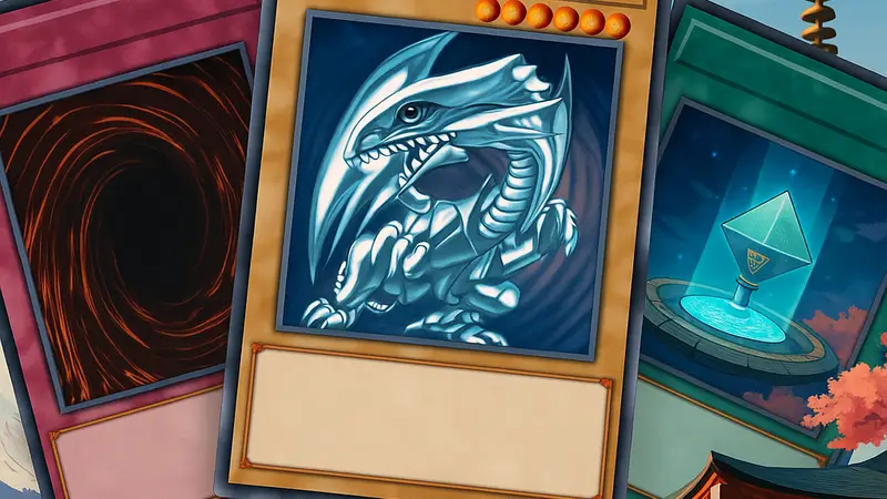 Изображение карт Yu-Gi-Oh! на фоне японского пейзажа, символизирующее новые правила Konami.