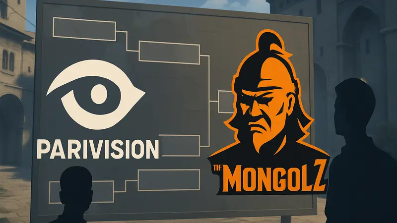 Логотипы команд PARIVISION и The MongolZ на фоне турнирной сетки PGL Bucharest по CS2.