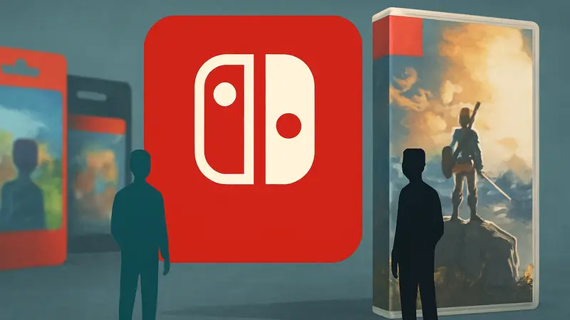 Логотип Nintendo Switch на фоне цифровых и физических копий игр, символизирующий новые цены