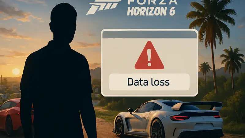 Игровой скриншот Forza Horizon 6, демонстрирующий ошибку или предупреждение о потере данных. Баг Forza Horizon 6.
