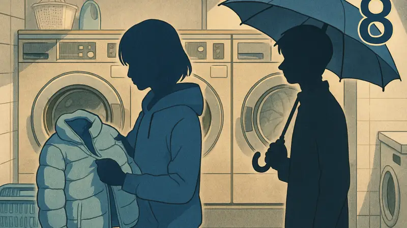 Обложка манги Wash It All Away, том 8, с персонажами и атрибутами стирки.