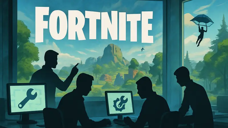 Логотип Fortnite на фоне игрового экрана, символизирующий работу Epic Games над устранением проблем.