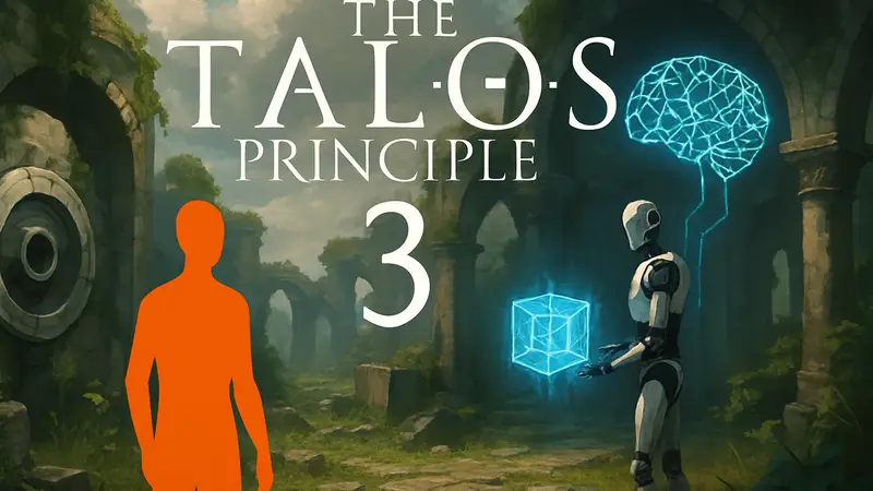 Логотип The Talos Principle 3 с элементами ИИ и головоломок