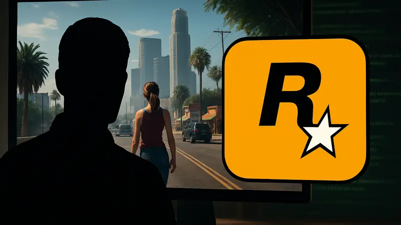Утечка исходного кода GTA 6: скриншот игрового процесса и логотип Rockstar Games