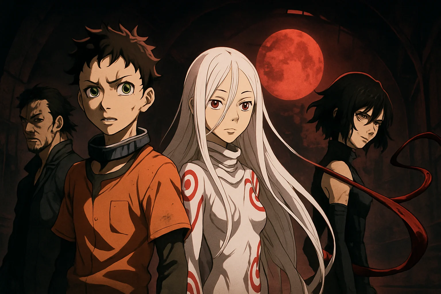 Постер аниме Deadman Wonderland с главными героями в мрачной, стилизованной обстановке.