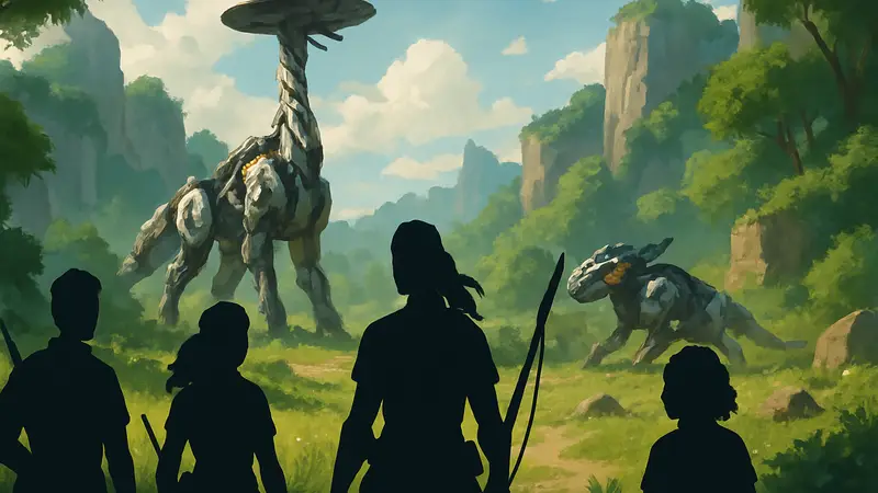 Игровой скриншот Horizon Hunters Gathering с персонажами в мультяшном стиле и роботами