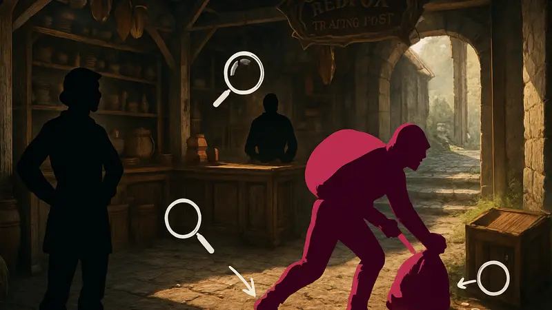Скриншот из игры Crimson Desert: сцена ограбления в Redfox Trading Post с подсказками для расследования