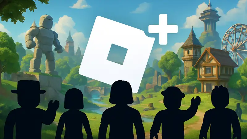 Логотип Roblox Plus на фоне игрового мира Roblox, символизирующий новые возможности для авторов.