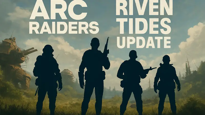 Логотип ARC Raiders и персонажи на фоне надписи 'Riven Tides Update'