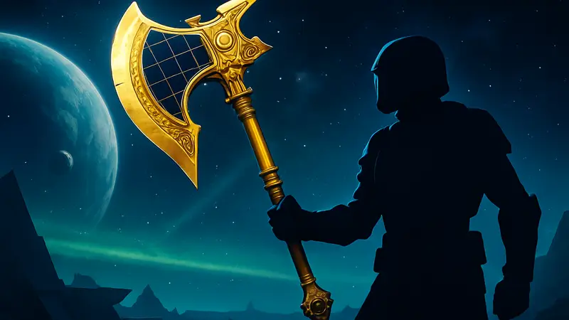Экзотический боевой топор Heliostat в игре Destiny 2 на фоне космических пейзажей.