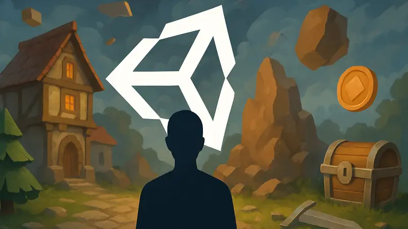 Логотип Unity на фоне абстрактных игровых ассетов, символизирующих изменения