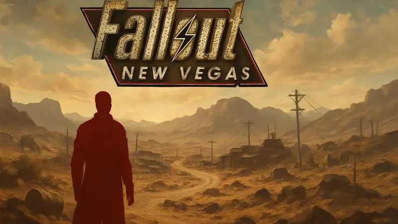 Логотип Fallout: New Vegas на фоне постапокалиптической пустыни
