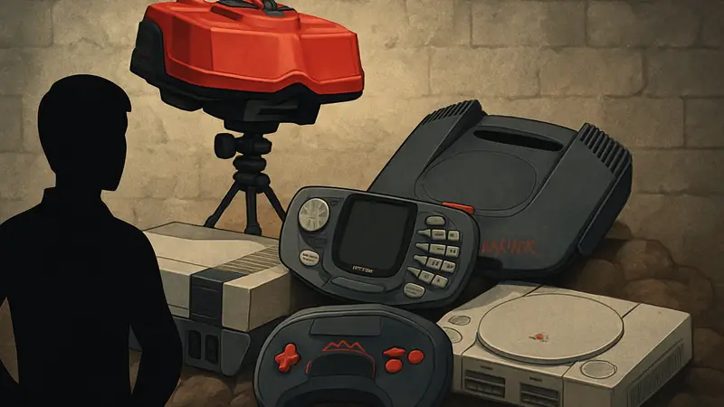 Коллаж из старых игровых консолей, таких как Virtual Boy, N-Gage и Atari Jaguar, символизирующих устаревшую технику