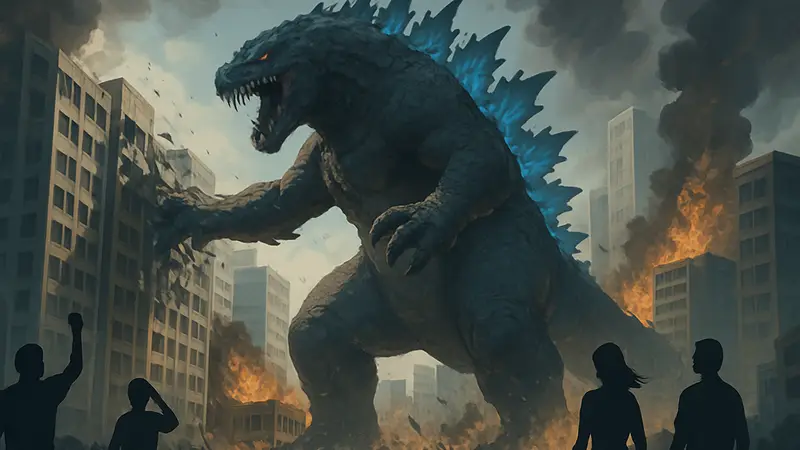Гигантский монстр-кайдзю разрушает город в игре Excidio The Kaiju Simulator