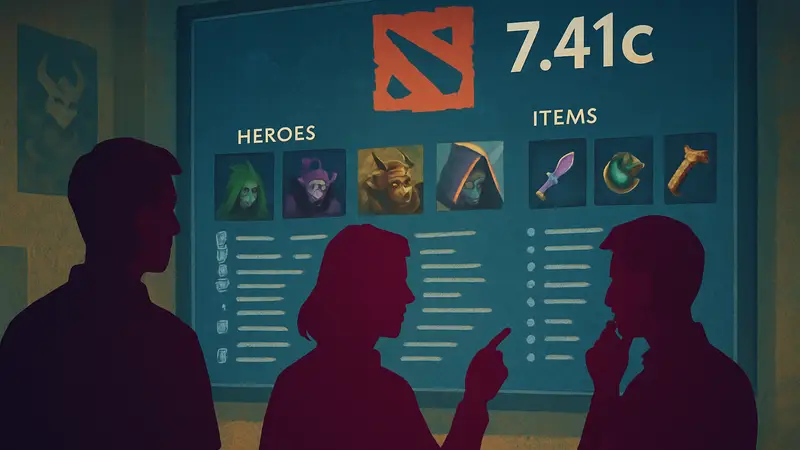 Игроки Dota 2 на фоне патчноутов 7.41c, анализирующие изменения баланса героев и предметов.