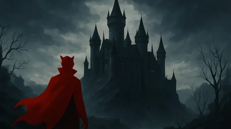Логотип Dracula: The Disciple на фоне вампирского замка или мрачного пейзажа.