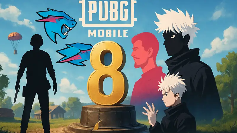 Логотип PUBG Mobile с элементами MrBeast и Jujutsu Kaisen, отмечающий 8-летие игры