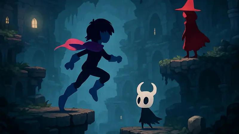 Изображение из игры Deltarune, демонстрирующее платформерный режим. Альтернативные игры, Celeste, Hollow Knight.