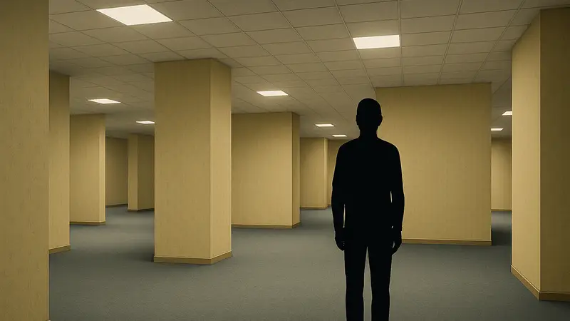 Изображение лиминального пространства Backrooms, пустые коридоры, жёлтые стены.