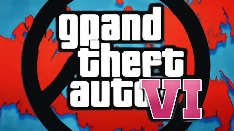 Логотип Grand Theft Auto 6 на фоне карты России, символизирующий слухи о возможном запрете игры.
