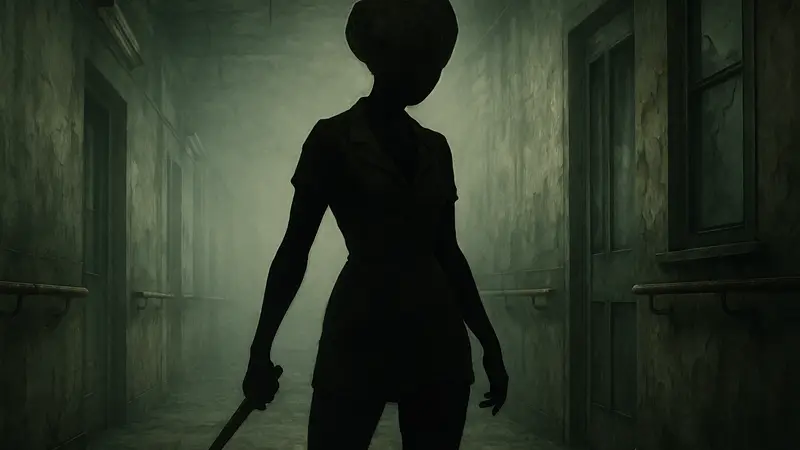Медсестра с пузыревидной головой из Silent Hill 2 в туманном коридоре