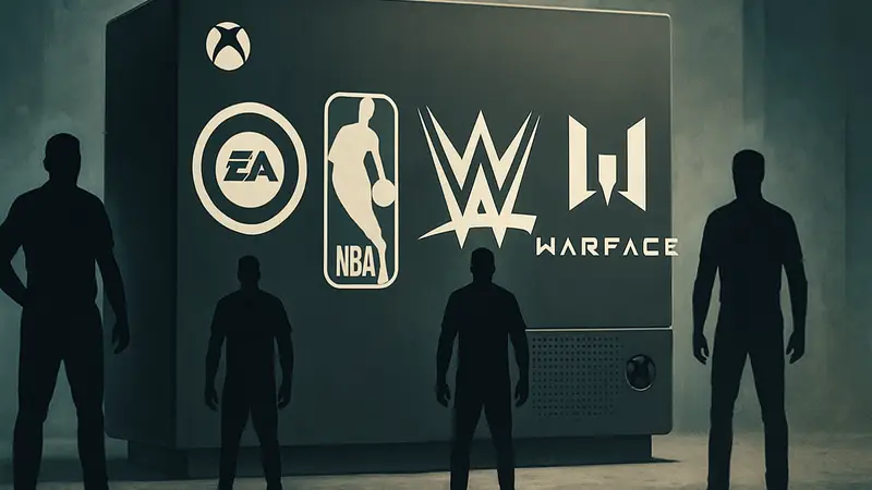 Логотипы игр Madden, NBA, WWE и Warface на фоне консоли Xbox, символизирующие закрытие серверов
