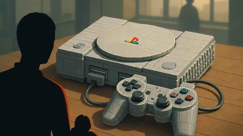 Конструктор LEGO, изображающий консоль Sony PlayStation 1 и геймпад