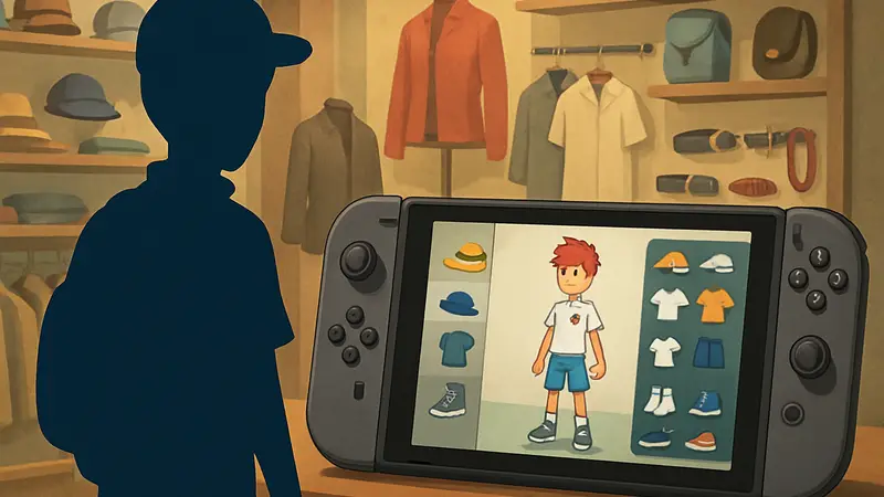 Игровой персонаж из Pokémon Champions, магазин одежды, различные аксессуары, кастомизация, Nintendo Switch.