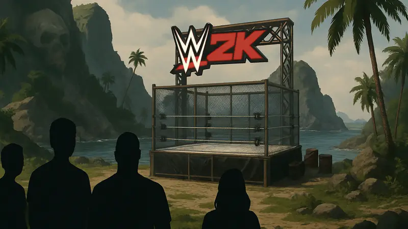 Концепт-арт или скриншот локации The Island из WWE 2K26, вызывающей споры у фанатов.