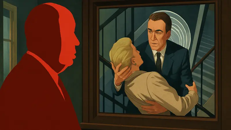 Альфред Хичкок, смотрящий на кадр из фильма «Головокружение» с Джеймсом Стюартом.