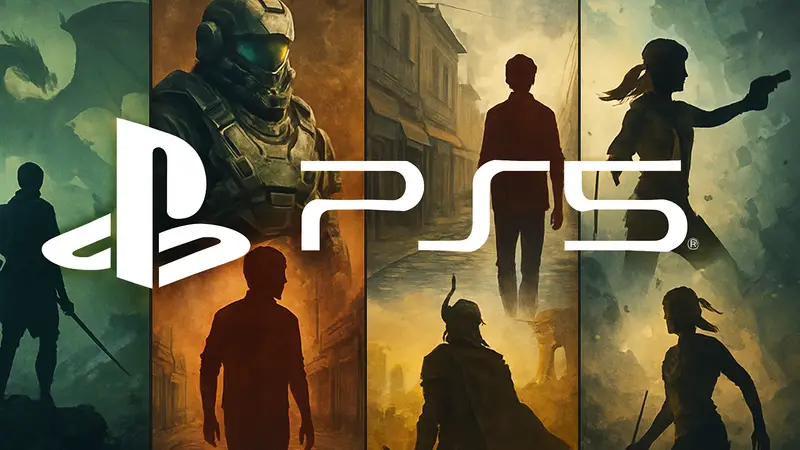 Логотип PlayStation 5 на фоне коллажа из пяти анонсированных игр
