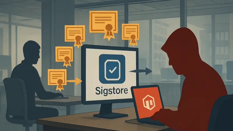 Схема атаки на безопасность npm Sigstore с использованием украденных аккаунтов разработчиков.