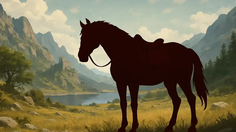 Конь из Crimson Desert, стоящий на красивом пейзаже, вероятно, раненый