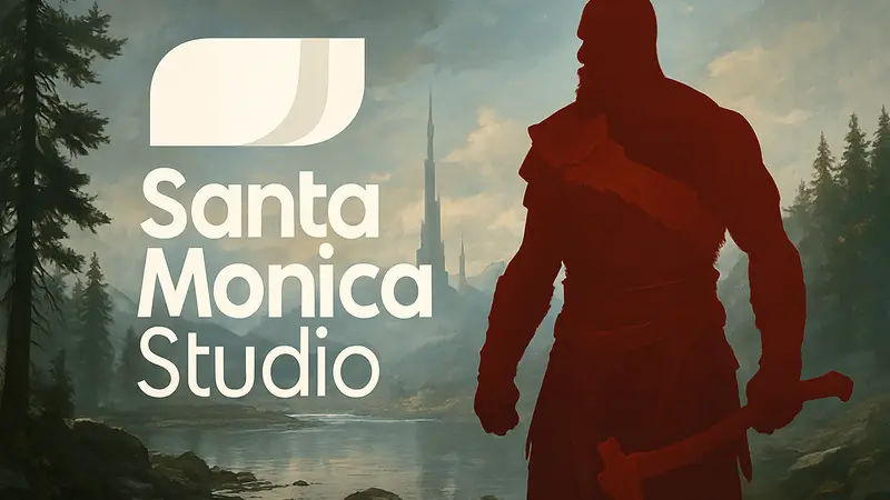 Логотип Santa Monica Studio и Кратос из God of War, символизирующий возможный анонс новой игры или sci-fi проекта.