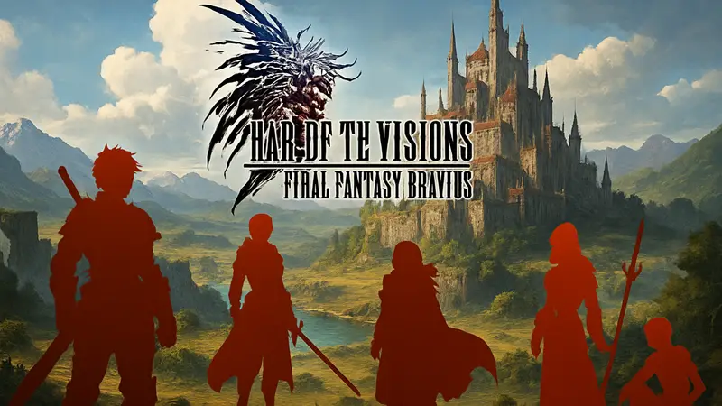 Логотип War of the Visions: Final Fantasy Brave Exvius на фоне фэнтезийного мира, иллюстрация персонажей игры.