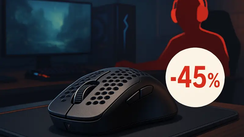 Беспроводная игровая мышь Turtle Beach Burst II Pro черного цвета на игровом столе, подчеркивающая ее легкий дизайн и скидку 45% на Amazon.