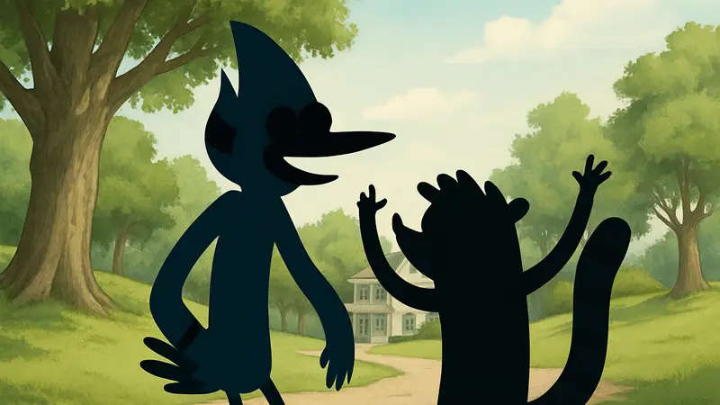 Мордекай и Ригби из мультсериала "Обычный Мультик" радостно смотрят на зрителя