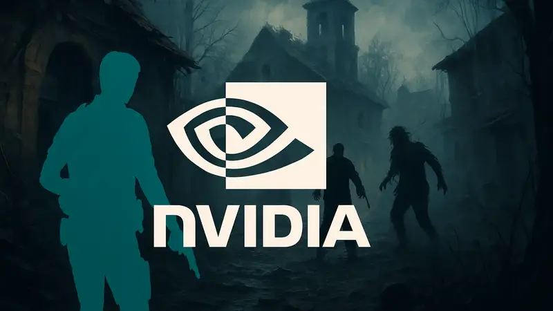 Логотип NVIDIA на фоне игрового процесса Resident Evil Requiem, демонстрирующего снижение FPS из-за проблемных драйверов.
