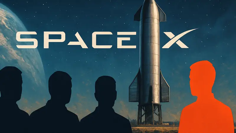 Логотип SpaceX на фоне космического корабля Starship во время анонса IPO