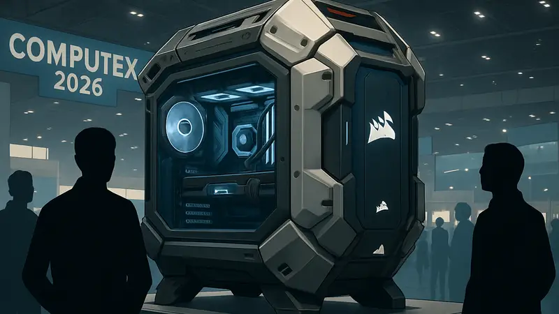 Игровой корпус Corsair Warthog на выставке Computex 2026, футуристический дизайн.