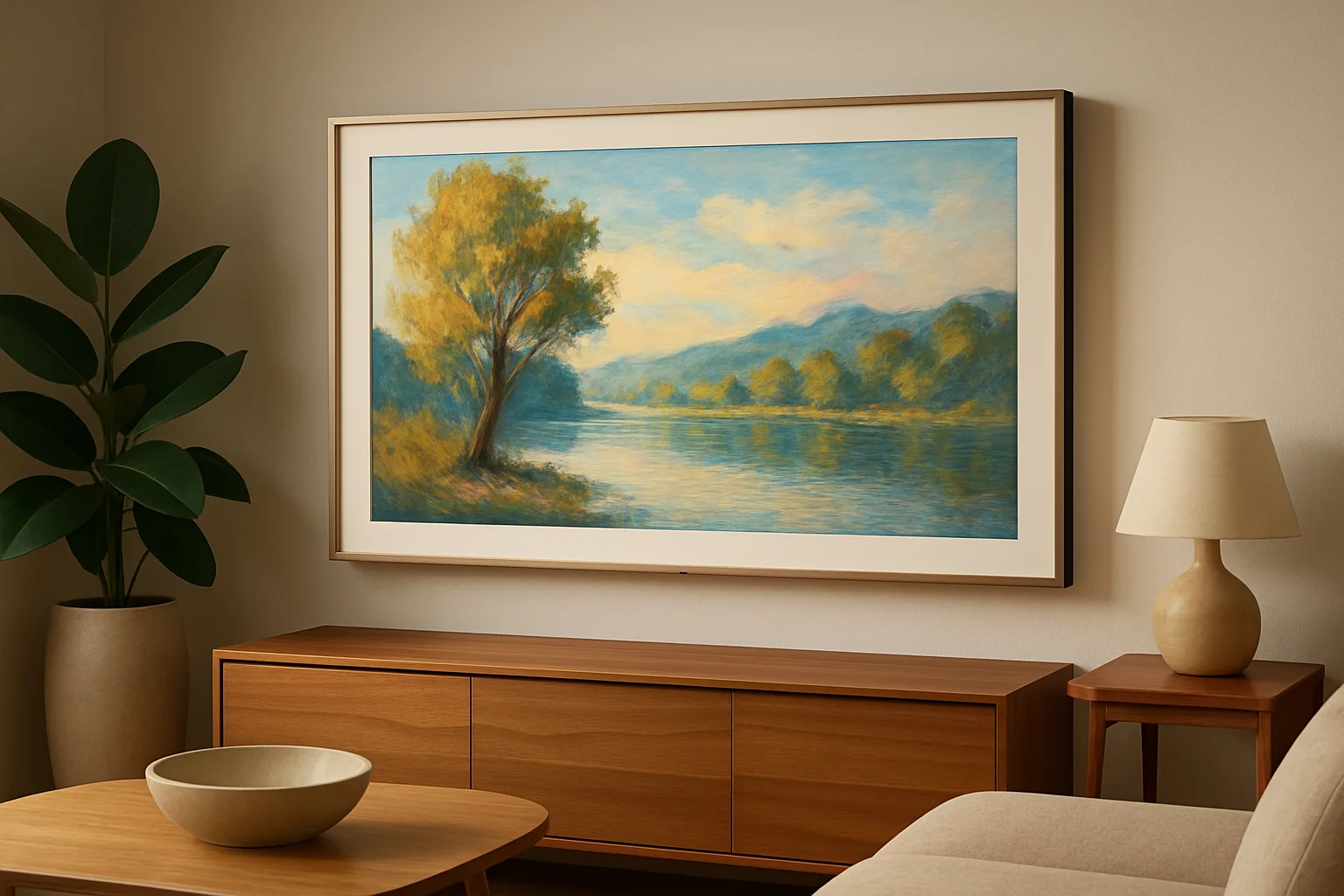 Изображение телевизора Samsung Frame TV, интегрированного в домашний интерьер как произведение искусства