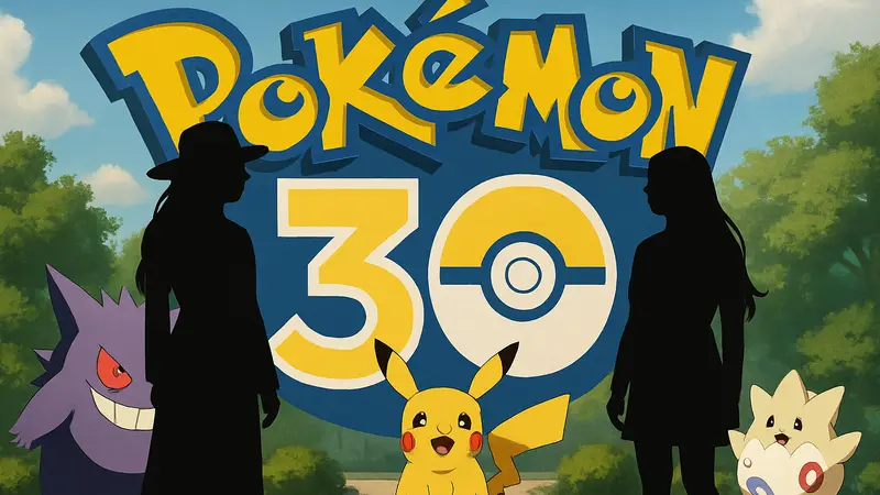 Lady Gaga и Jisoo из Blackpink вместе с любимыми покемонами на фоне логотипа Pokémon 30th Anniversary