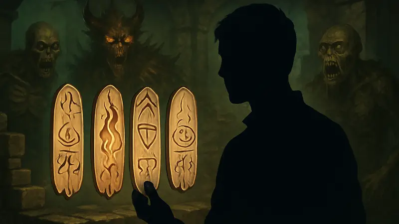 Магические предметы Sunder Charms из игры Diablo 2 Resurrected, с изображением монстров на фоне