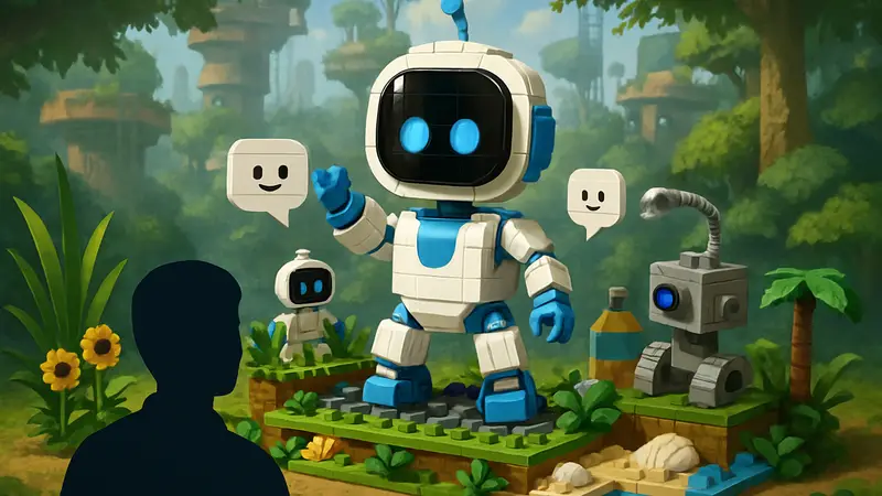 Концепт набора LEGO Ideas Astro Bot с деталями персонажа и его окружения, в фирменном стиле LEGO.